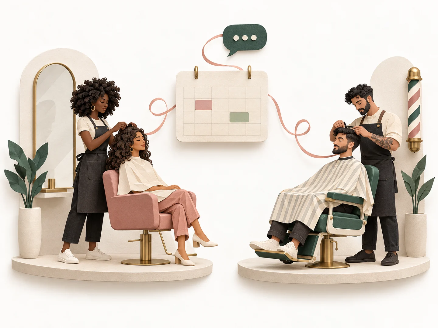 Ilustração de papel de um salão e uma barbearia conectados pelo WhatsApp à mesma agenda, com espaço igual para os dois negócios.